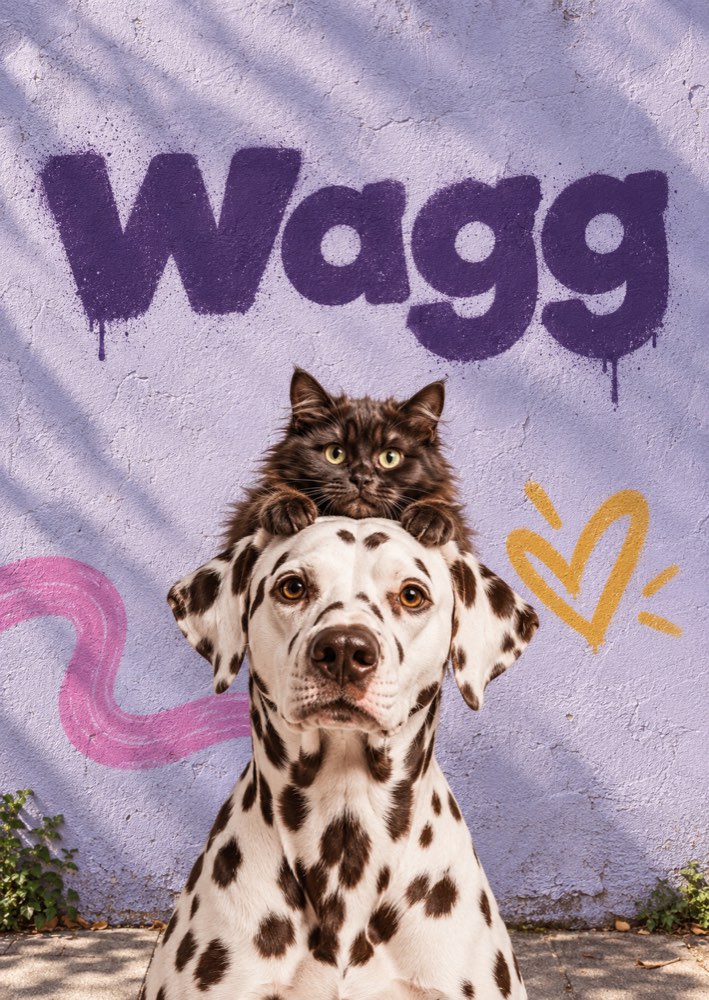 Un gato sobre la cabeza de un dálmata frente a una pared lavanda con el grafiti de Wagg